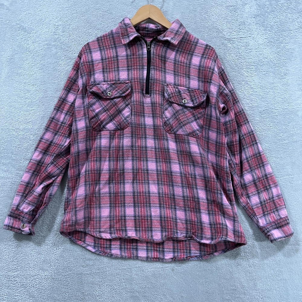 Cold Storage Foul Weather Gear Flannel Shirt Men L Pink Plaid Cotton Quarter Zip